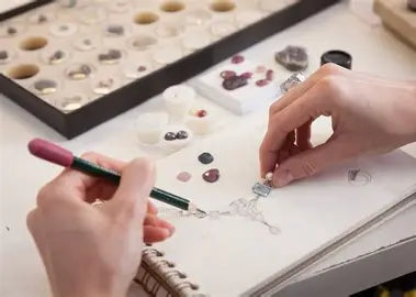 A jewellery design being sketched with loose stones nearby